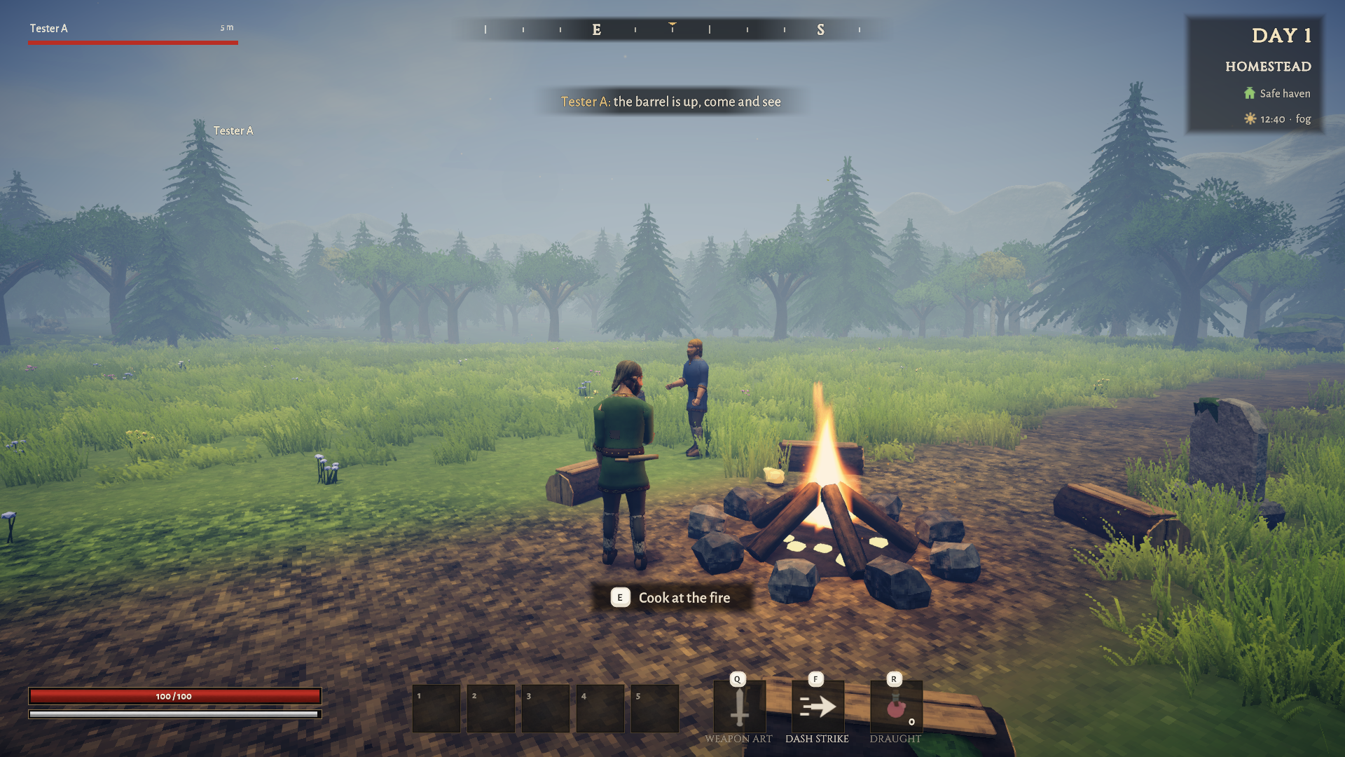 Two heroes beside the home campfire with a remote name plate and party health bar.